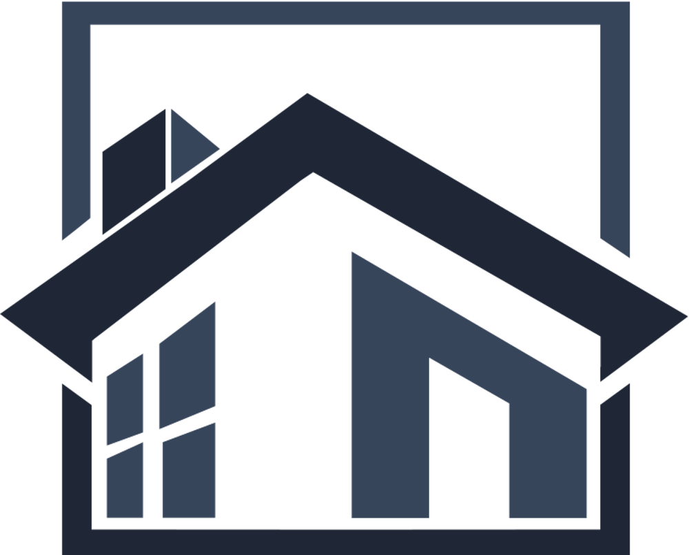 Dunkelblaues abstraktes Haus-Logo mit Dach, Fenster und einem Rahmen.