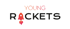Young Rackets Logo mit einer rot-orangefarbenen Rakete anstelle des Buchstabens A auf schwarzem Hintergrund.