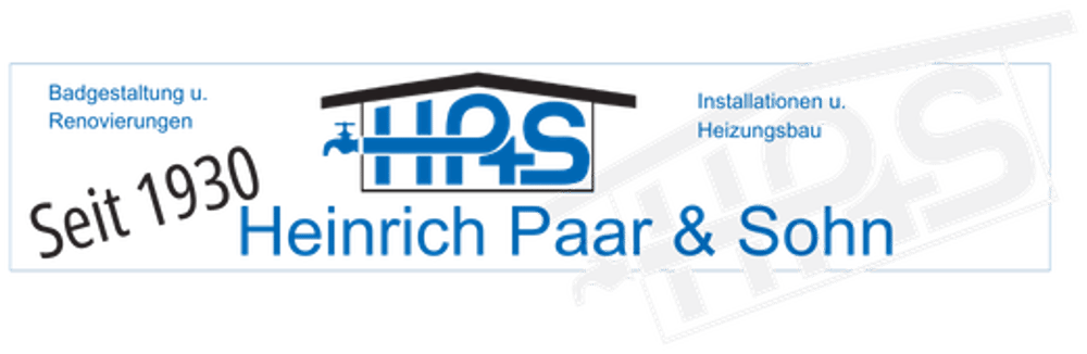 Blaues und schwarzes Logo: "Badgestaltung u. Renovierungen", "Seit 1930", "HPS", "Heinrich Paar & Sohn", "Installationen u. Heizungsbau".