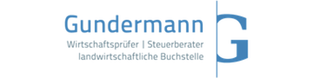 Logo Gundermann Wirtschaftsprüfer, Steuerberater und landwirtschaftliche Buchstelle mit blauem Buchstaben G auf Schwarz.