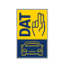 Blaues DAT-Logo mit erhobener Hand und Auto auf gelbem und blauem Hintergrund.