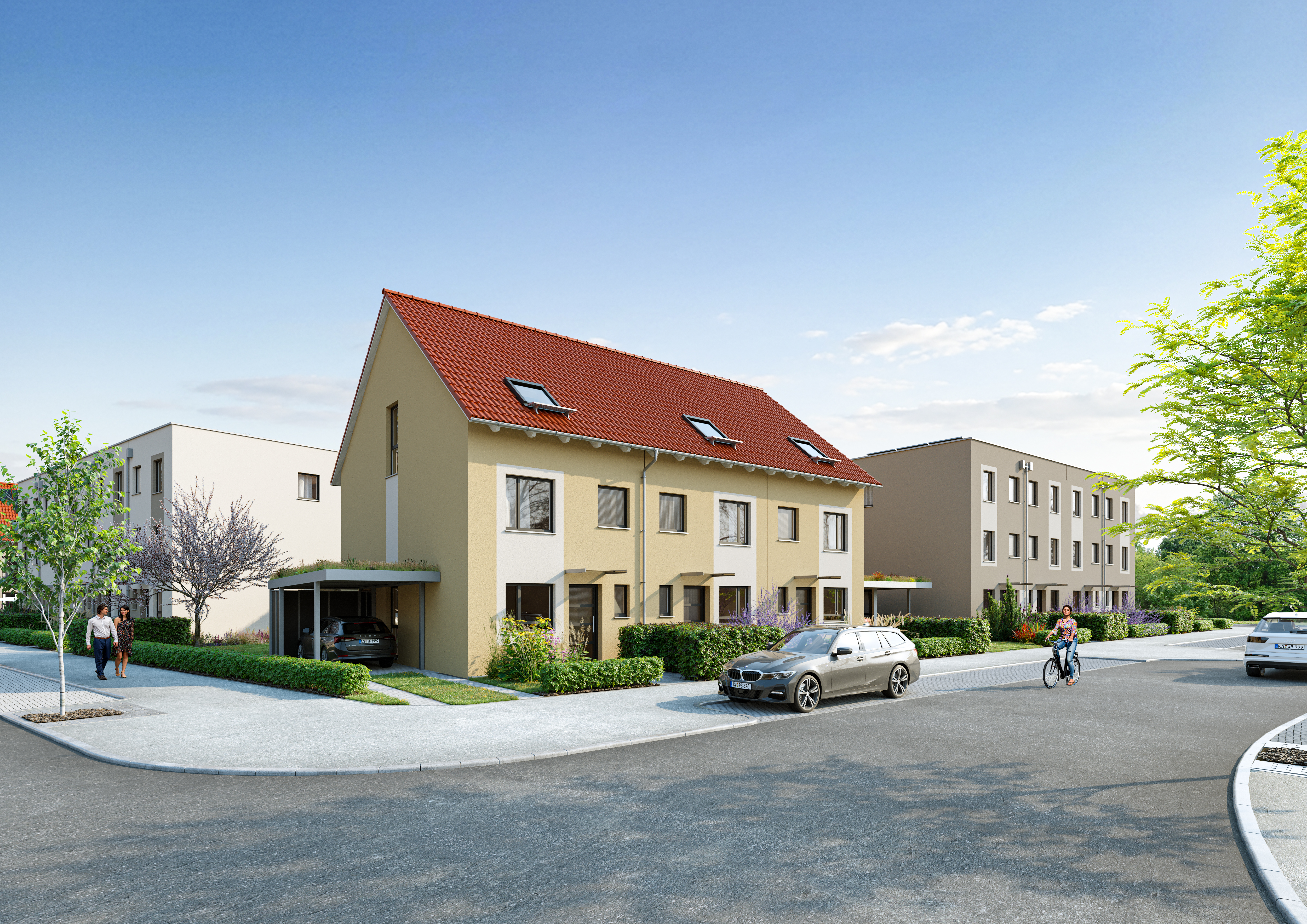 Reihenhauszeile RON mit Satteldach, Vorgärten und Carport in Köln-Rondorf, Visualisierung