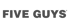 "FIVE GUYS" logo in dark gray capital letters on a dark green background.