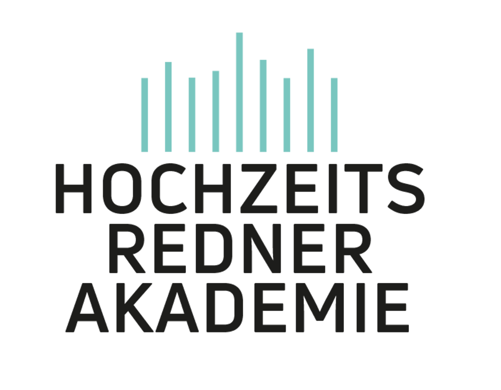 Logo der Hochzeitsredner Akademie mit blauen Säulen und schwarzem Text auf dunkelgrünem Hintergrund.