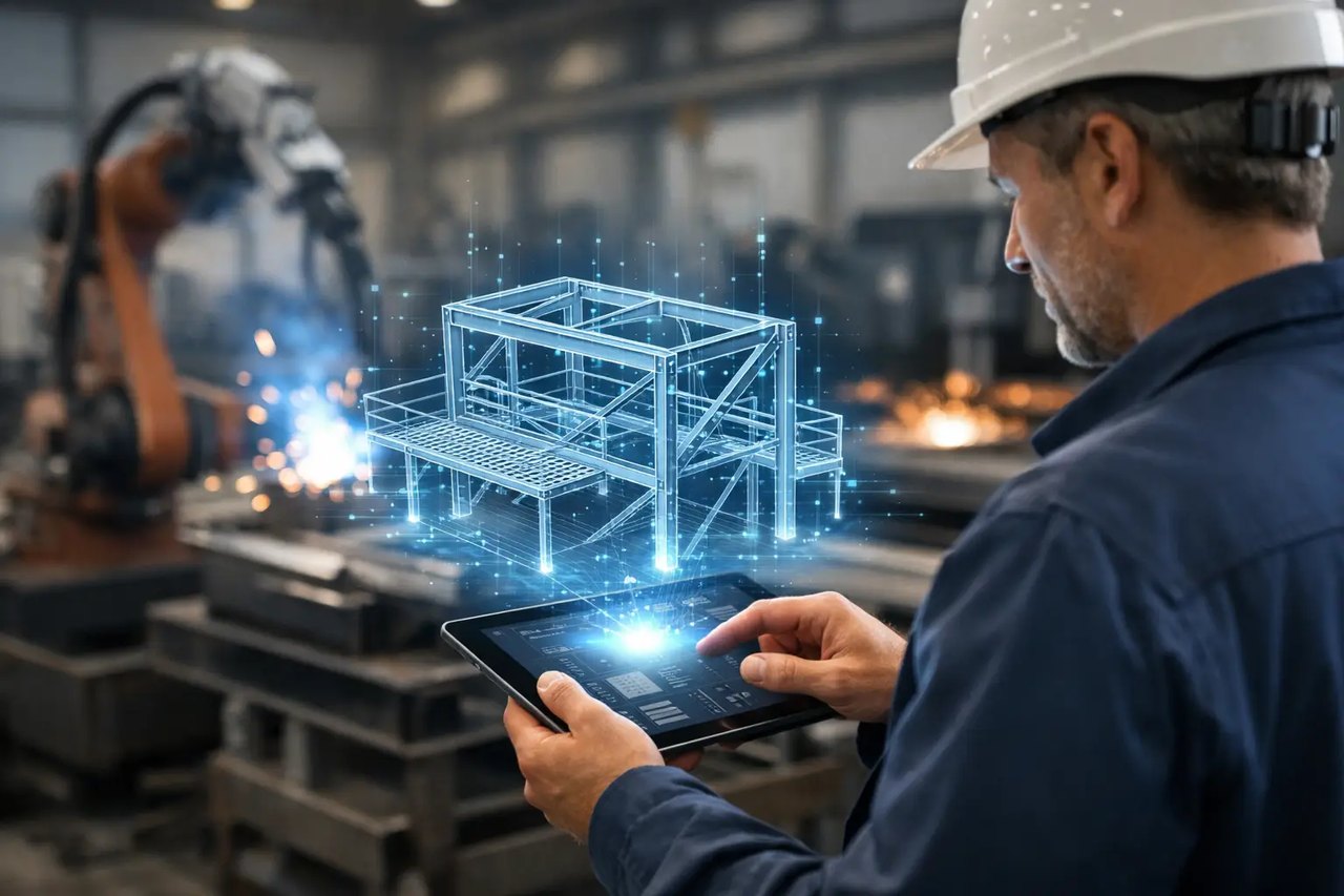 Ingenieur mit Helm betrachtet ein digitales 3D-Modell einer Stahlkonstruktion über einem Tablet in einer Industriehalle.