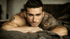 Muscular man with dark hair and tattoos on his arms, lying on a bed and looking directly forward.