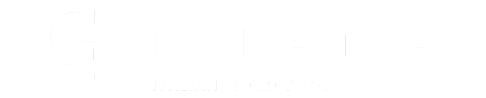 White text "GUSTAMA ITALIAN GOOD FOOD" on a dark green background.