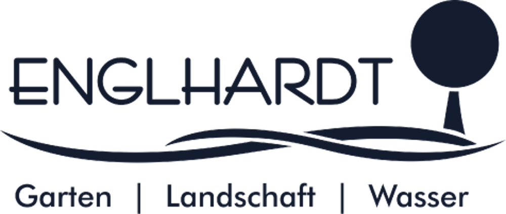 Firmenlogo Englihardt mit stilisiertem Baum und Wellenlinien, darunter "Garten | Landschaft | Wasser".