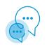Zwei blaue Sprechblasen-Icons mit Auslassungspunkten auf schwarzem Hintergrund symbolisieren Kommunikation und Chat.