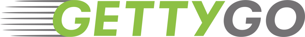 GETTYGO-Logo mit grünen Buchstaben "GETTY" und grauen Buchstaben "GO" und grauen Streifen links.