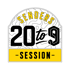 SENDER 20 to 9 SESSION Logo auf grünem Hintergrund, mit topografischem Muster.