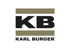 Von der Firma Karl Burger: Logo mit den Initialen KB in Schwarz, eingerahmt von zwei olivgrünen Balken