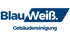Blue-green background with "Blau Weiß." in dark blue and white, and "Gebäudereinigung" below in dark blue.
