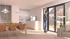 Man in a sweater holding a mug, looking out glass sliding doors to a sunny garden from a modern open-plan living room.