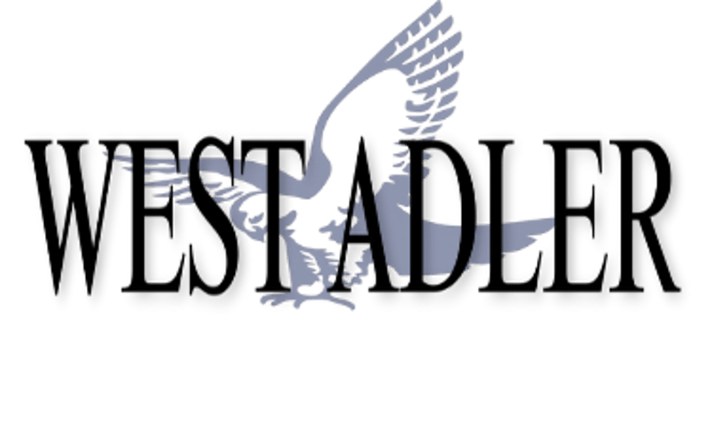 Schwarze Schrift "WESTADLER" mit einem grauen Adler über dem Text, der nach rechts fliegt.