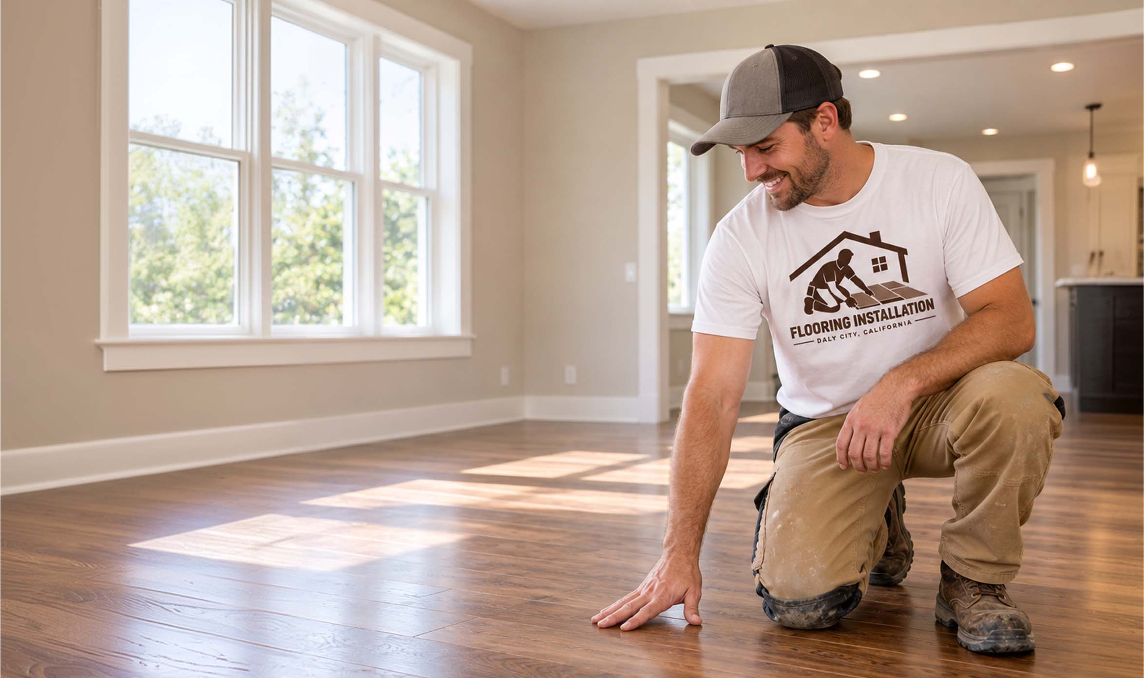 Newly installed wood flooring in a Daly City living room