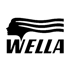Schwarzes Wella-Logo mit einem seitlichen Profil einer Frau mit wehendem Haar über dem Text "WELLA".