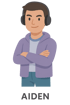 Cartoonfigur Aiden mit Kopfhörern, lila Hoodie und verschränkten Armen.