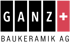 Ganz Baukeramik AG Logo mit Schriftzug "GANZ" in schwarzen Quadraten, gefolgt von einem roten Quadrat mit weißem Pluszeichen.