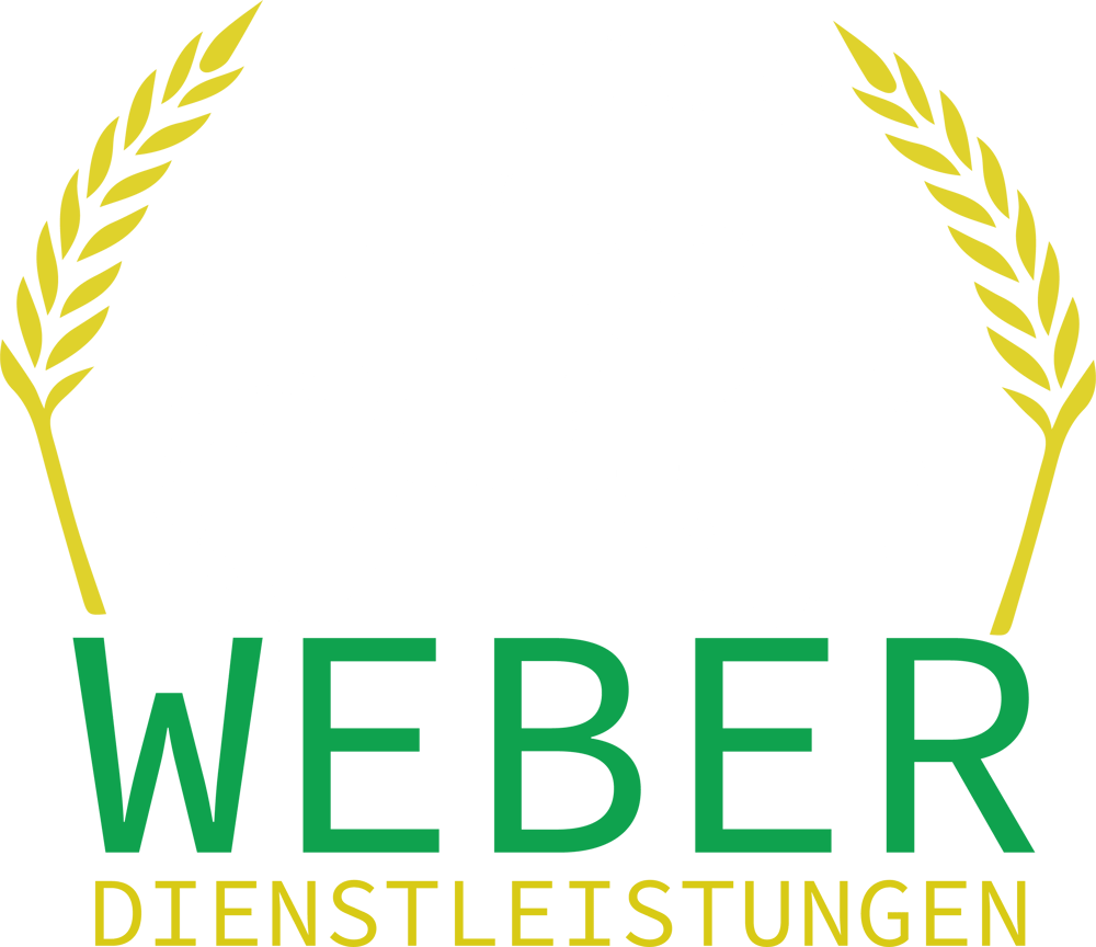 Logo Weber Dienstleistungen mit weißer Traktor-Skizze, gelben Ähren und grünem Schriftzug auf schwarzem Grund.