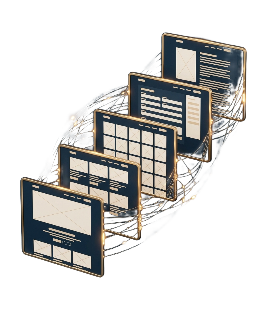 Fünf unterschiedliche Webseiten-Entwürfe (Landingpage, Karten-Layout, Galerie, Formular, Artikelseite), aufsteigend gestaffelt und mit goldenen Linien und Lichtimpulsen verbunden