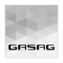 Schwarzer GASAG Schriftzug auf einem grau-weißen Hintergrund mit geometrischem Dreiecksmuster.