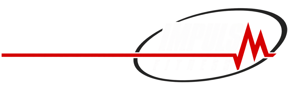 Logo von Impuls Fitness mit weißer Schrift, roter EKG-Linie und grauem Oval auf schwarzem Hintergrund.