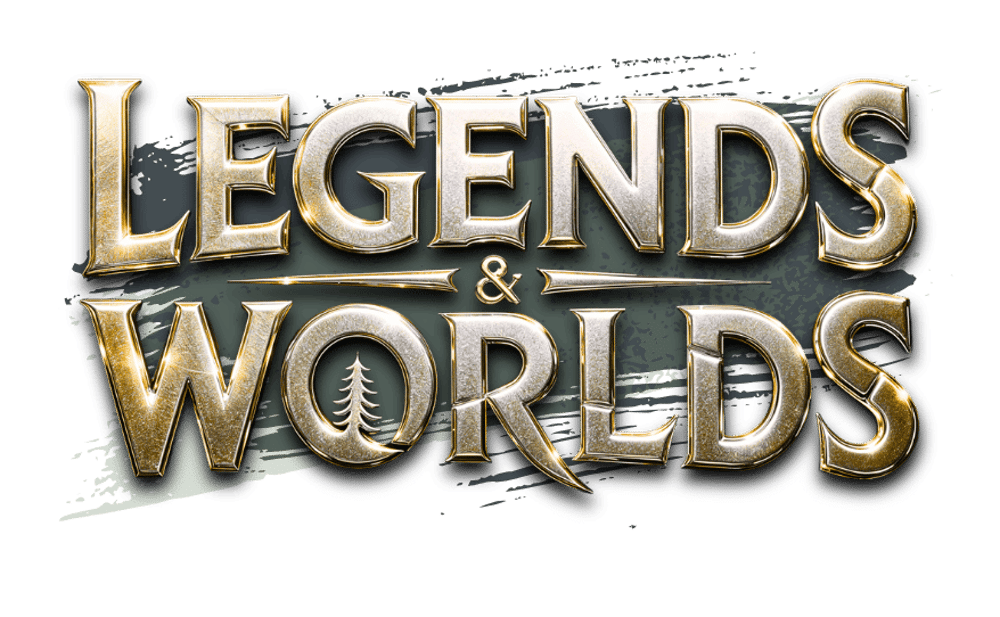 Gold 3D text reads "LEGENDS & WORLDS" with a small tree icon in place of the "O" in "WORLDS".