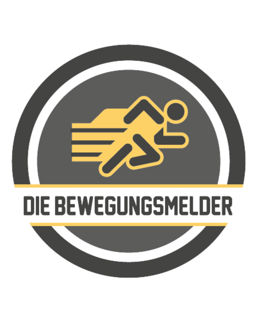 Rundes Logo mit einem gelben Läufer, der sich schnell bewegt, und dem Text "DIE BEWEGUNGSMELDER" in der Mitte.