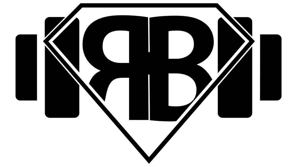 Schwarzes Logo: BB-Monogramm in einem Diamantrahmen, hinterlegt von einer Langhantel.