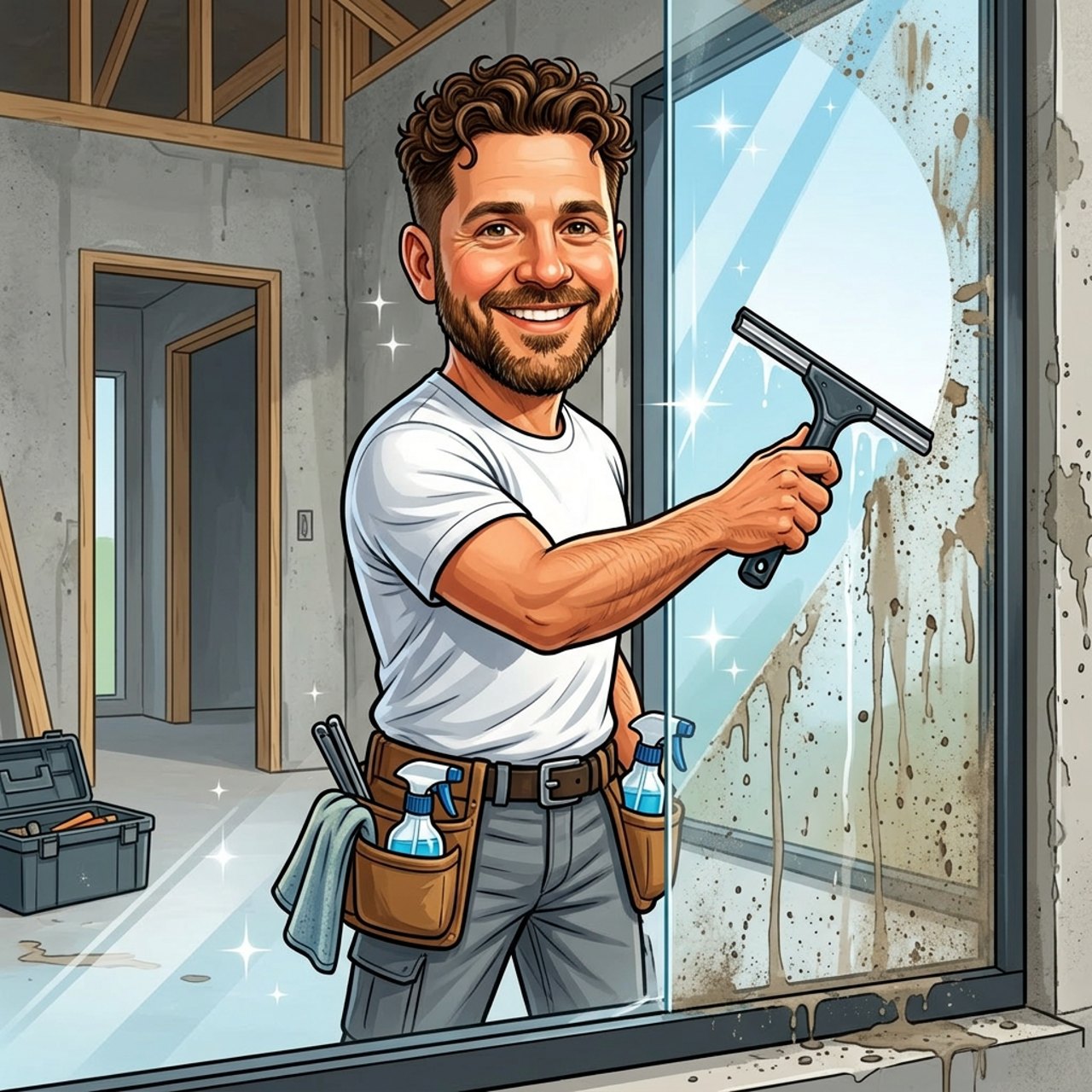 Ein lächelnder Mann mit Bart reinigt ein Fenster mit einem Abzieher in einem unfertigen Raum.