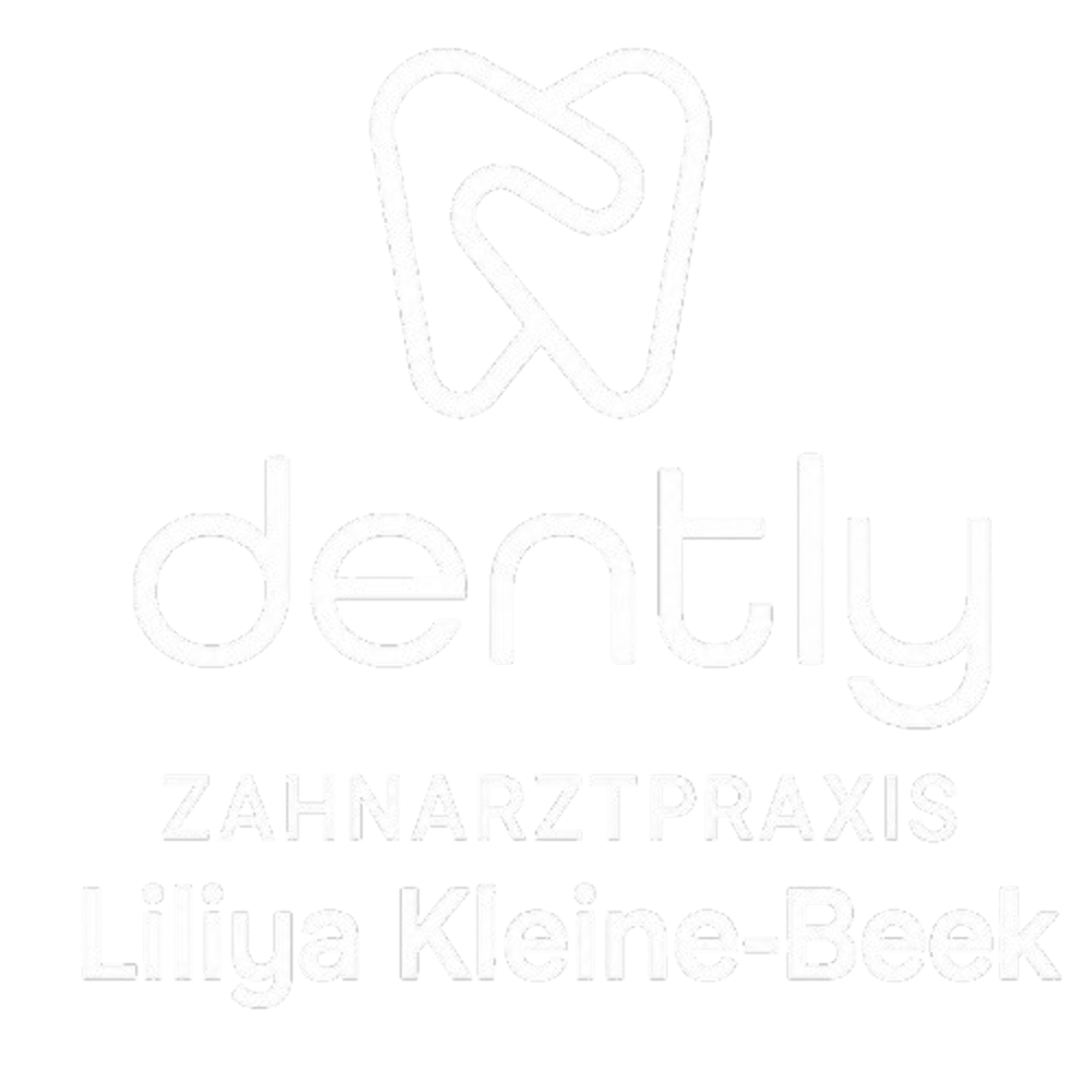 Grünes Logo mit stilisiertem Zahn, darunter "dently ZAHNARZTPRAXIS Liliya Kleine-Beek" in Weiß.