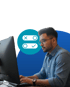 Mann mit Brille tippt am Computer, daneben Symbole für Ein/Aus-Schalter mit Haken und Kreuz.
