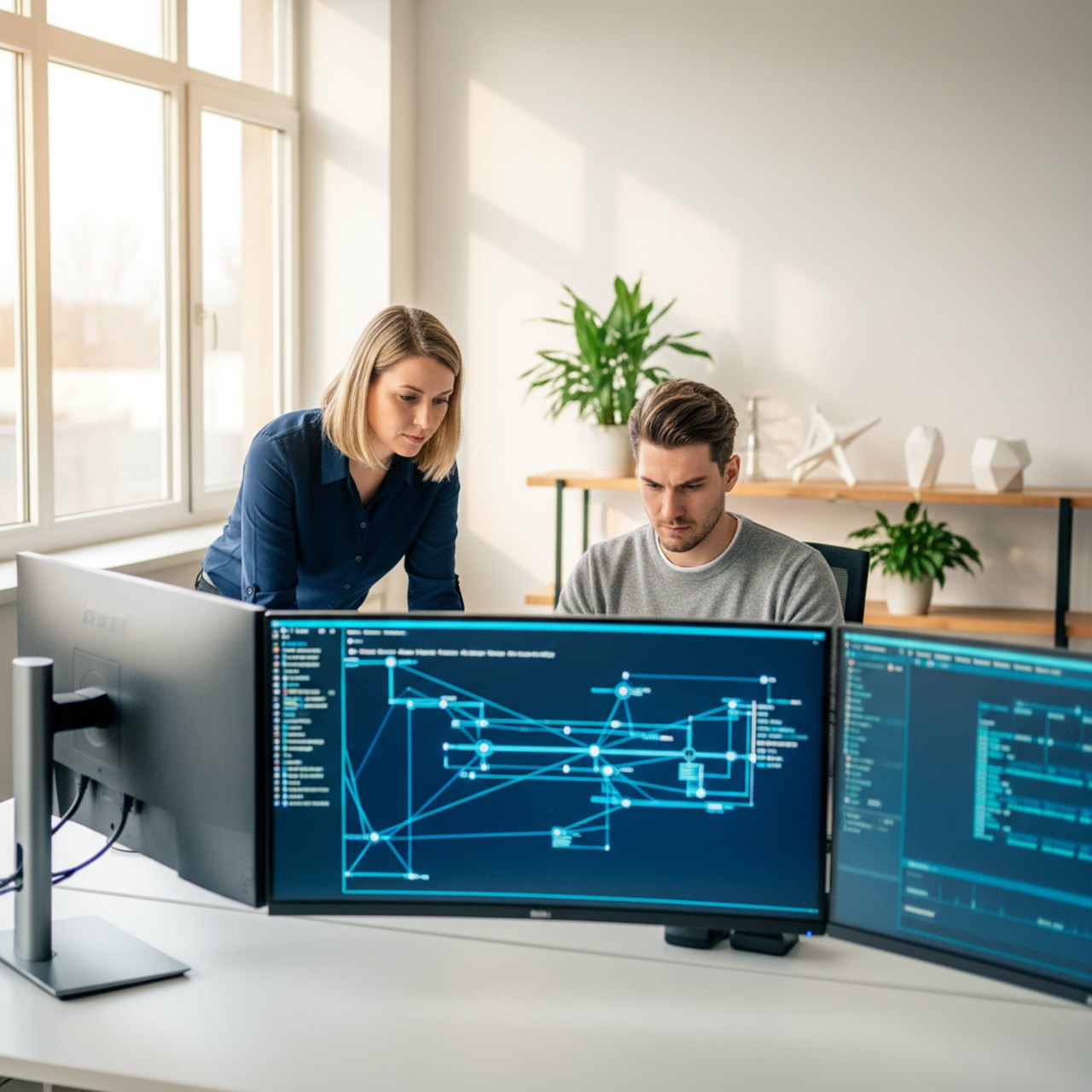 Zwei IT-Fachkräfte werten Scan-Ergebnisse an Monitoren aus