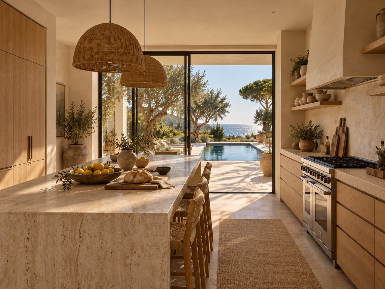 Stone kitchen island with lemons and bread, glass door open to the pool