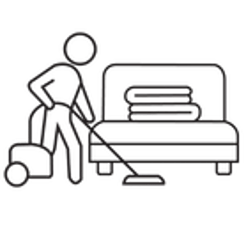 Strichmännchen saugt Teppich neben einem Bett mit gestapelter Wäsche.