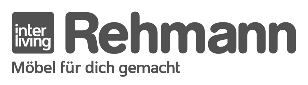 Graues Logo "inter living" in einem Quadrat, daneben "Rehmann", darunter "Möbel für dich gemacht".