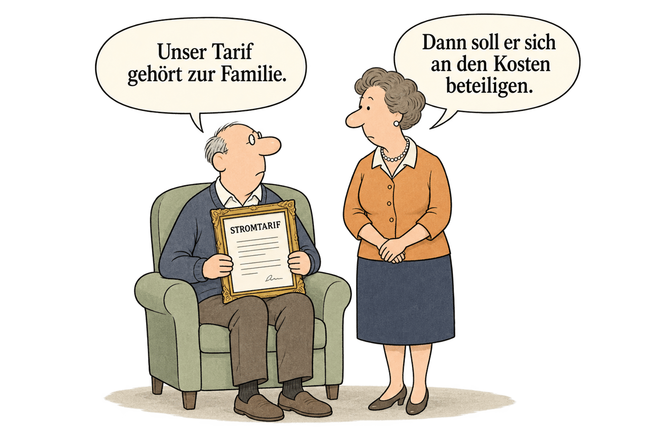 Mann sagt: Unser Tarif gehört zur Familie. Frau antwortet: Dann soll er sich an den Kosten beteiligen.