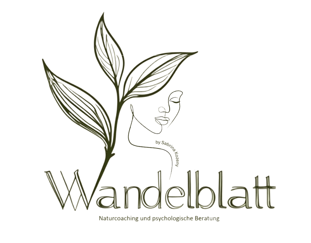 Braunes Blatt mit stilisiertem Gesicht und Text "Wandelblatt" und "Naturcoaching und Impulsgestaltung, Ilona Levy".