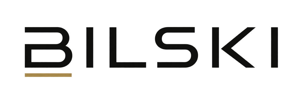 Schwarzes BILSKI Logo in serifenloser Schrift mit einer goldenen Unterstreichung unter dem Buchstaben B.