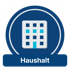 Blaues Symbol mit einem weißen Gebäude mit blauen Fenstern und dem Text „Haushalt“ darunter.