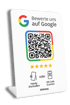"Bewerte uns auf Google" Google-Logo, QR-Code, fünf Sterne und Symbole für Handy dranhalten oder QR-Code scannen.