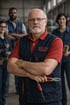 Älterer Handwerker mit Werkzeugkasten und Zange, vor einem Team von Kollegen in einer Halle stehend.