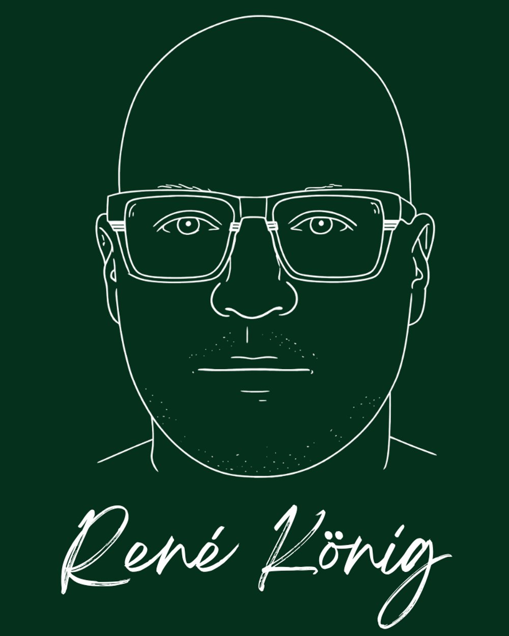 Schwarze Buchstaben „RK“ oben und unten, getrennt durch vertikale Linie, mit orangefarbenem Text „RENÉ KÖNIG“ in der Mitte.