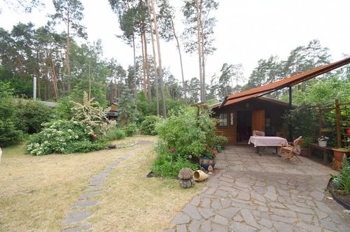 Kleines Holzhaus mit Terrasse und Garten, umgeben von Bäumen.