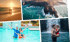 Fotocollage mit unterschiedlichen Urlaubsaktivitäten (Strandspaziergang, Wasserfall, Familie im Pool)