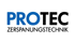 PROTECT ZERSPANUNGSTECHNIK Logo: „PROTEC“ in Blau und Schwarz, „ZERSPANUNGSTECHNIK“ darunter in Schwarz.