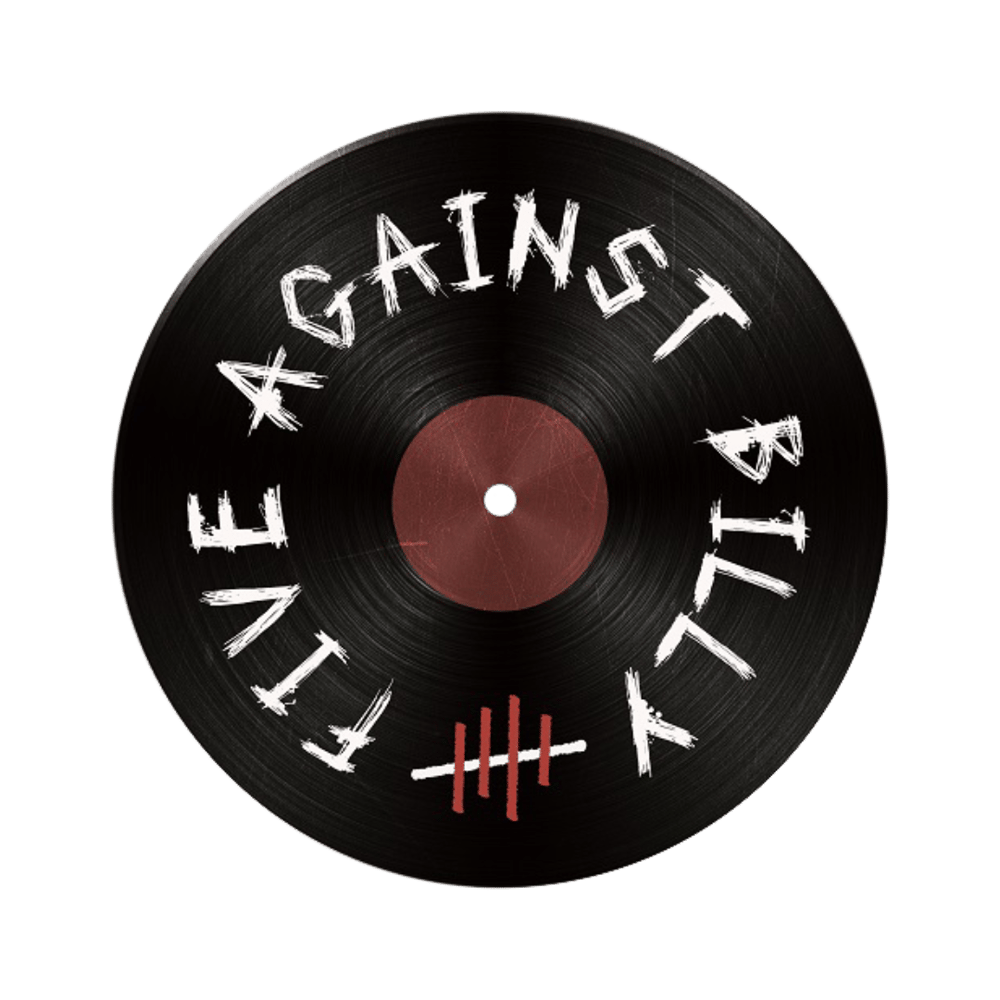 Schwarze Schallplatte mit weißer Schrift "FIVE AGAINST BILLY" und fünf roten Strichen.