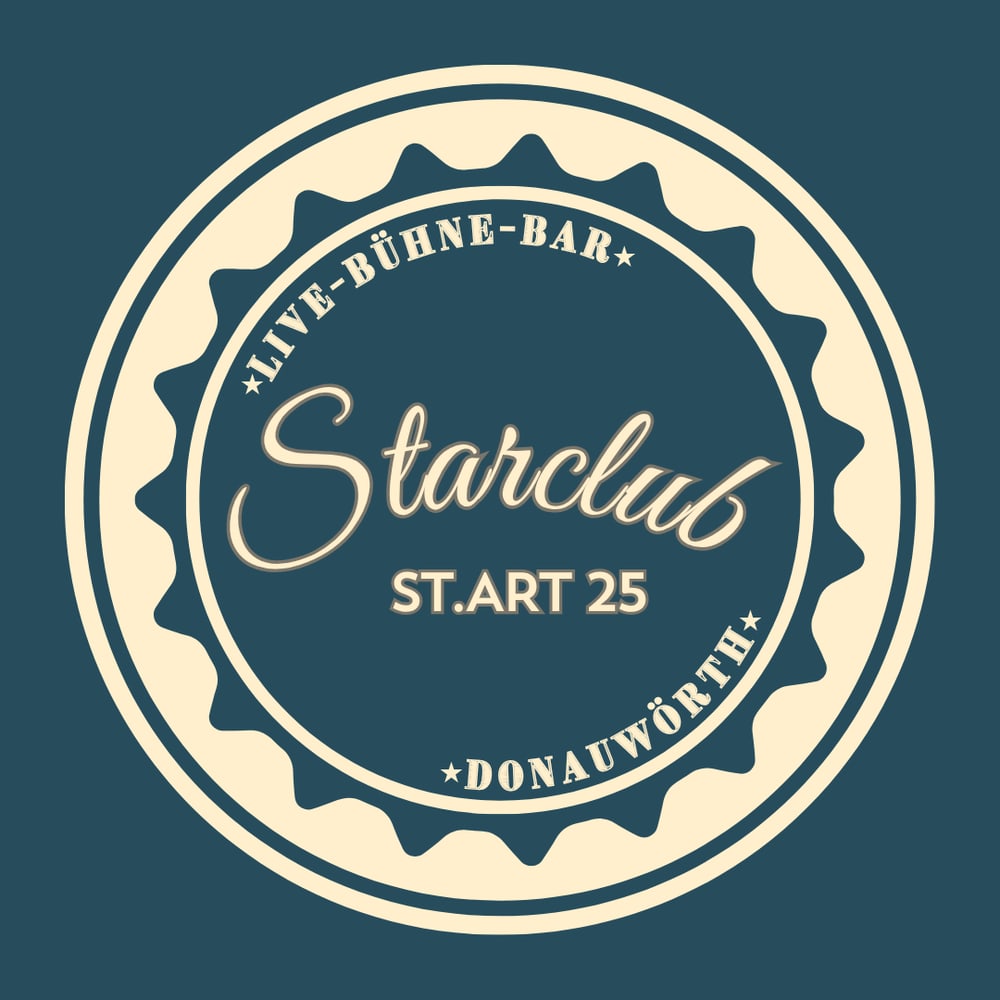 Stempelartiges Logo mit „Starclub“, „Live-Bühne-Bar“, „ST.ART 25“ und „Donauwörth“.