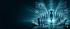 Chessboard with glowing cityscape, a person walking towards a glowing hourglass portal, surrounded by data dashboards.